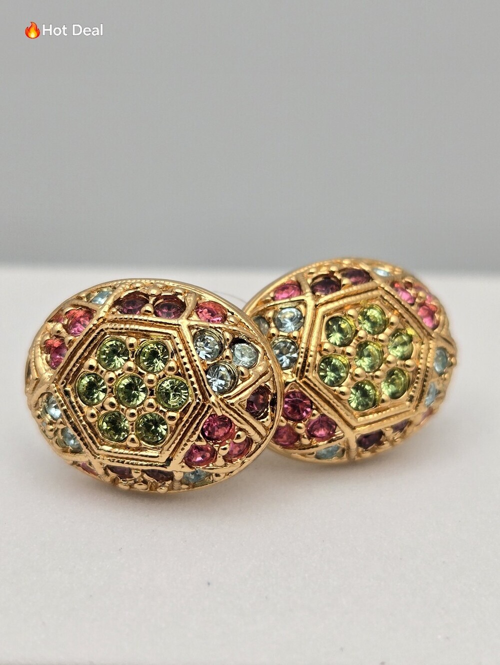 Mosaic Dome Earrings Gold Tone Multicolor Rhinestones 3/4" Vintage 80s